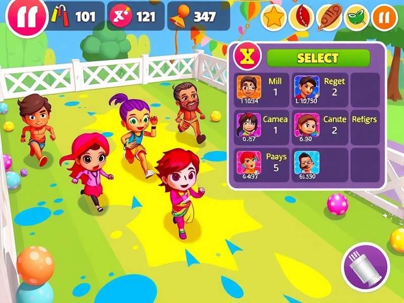 Holi Dash Extravaganza gameplay screenshot showing colorful characters running through Holi-themed obstacles